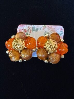 Gold-Tone Orange Cluster Bead Earrings